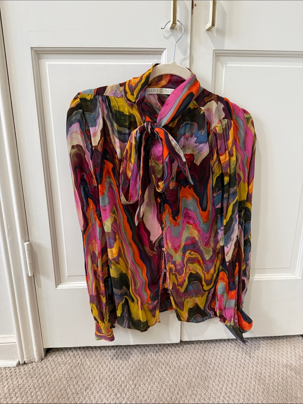 Marie Oliver Multicolor Marble-Print Pussybow Blouse